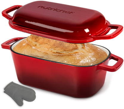 Nutrichef 3.6Qt Enamel-Coated Cast Iron Dutch Oven With Lid And Silicone Gloves Perfect For Baking Braising Roasting Stewing Slow Cooking And Frying (Red) - NCCIEDO3RD