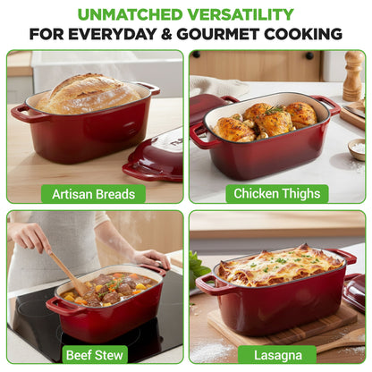 Nutrichef 3.6Qt Enamel-Coated Cast Iron Dutch Oven With Lid And Silicone Gloves Perfect For Baking Braising Roasting Stewing Slow Cooking And Frying (Red) - NCCIEDO3RD