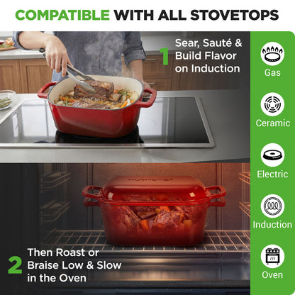 Nutrichef 3.6Qt Enamel-Coated Cast Iron Dutch Oven With Lid And Silicone Gloves Perfect For Baking Braising Roasting Stewing Slow Cooking And Frying (Red) - NCCIEDO3RD