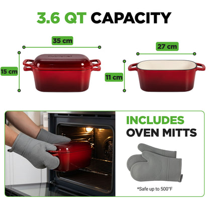 Nutrichef 3.6Qt Enamel-Coated Cast Iron Dutch Oven With Lid And Silicone Gloves Perfect For Baking Braising Roasting Stewing Slow Cooking And Frying (Red) - NCCIEDO3RD