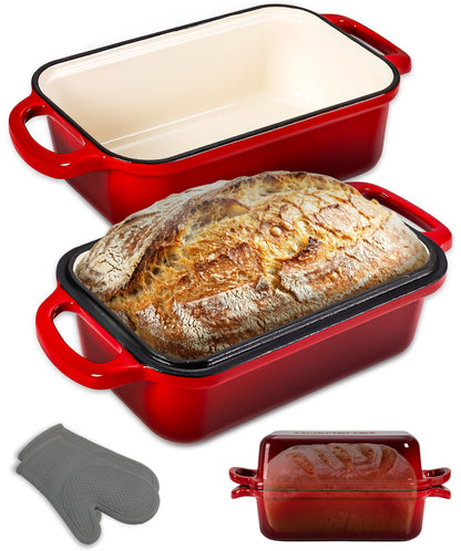 Nutrichef 9” X 5” Enamel-Coated Cast Iron Bread Loaf Pan With Lid Handles And Silicone Gloves Perfect For Baking Bread And Sourdough Making (Red) - NCCIELF2RD
