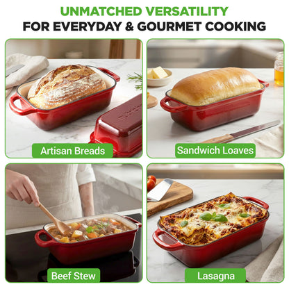 Nutrichef 9” X 5” Enamel-Coated Cast Iron Bread Loaf Pan With Lid Handles And Silicone Gloves Perfect For Baking Bread And Sourdough Making (Red) - NCCIELF2RD
