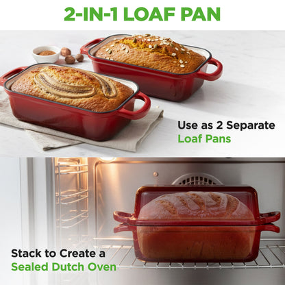 Nutrichef 9” X 5” Enamel-Coated Cast Iron Bread Loaf Pan With Lid Handles And Silicone Gloves Perfect For Baking Bread And Sourdough Making (Red) - NCCIELF2RD