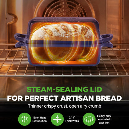 Nutrichef 9” X 5” Enamel-Coated Cast Iron Bread Loaf Pan With Lid Handles And Silicone Gloves Perfect For Baking Bread And Sourdough Making (Red) - NCCIELF2RD