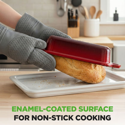 Nutrichef 9” X 5” Enamel-Coated Cast Iron Bread Loaf Pan With Lid Handles And Silicone Gloves Perfect For Baking Bread And Sourdough Making (Red) - NCCIELF2RD