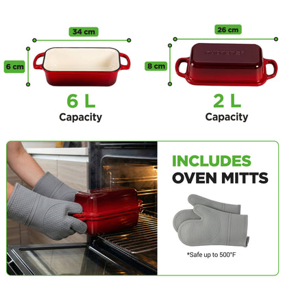 Nutrichef 9” X 5” Enamel-Coated Cast Iron Bread Loaf Pan With Lid Handles And Silicone Gloves Perfect For Baking Bread And Sourdough Making (Red) - NCCIELF2RD