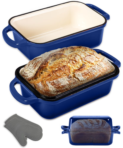 Nutrichef 9” X 5” Enamel-Coated Cast Iron Loaf Pan With Lid And Silicone Gloves Perfect For Baking Stewing And Roasting (Blue) - NCCIELF2BL