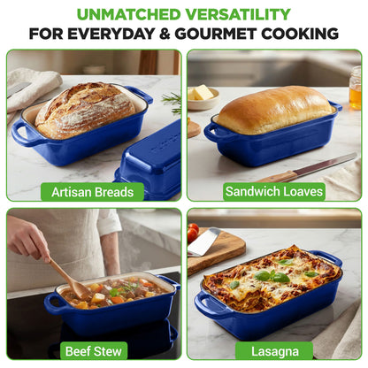 Nutrichef 9” X 5” Enamel-Coated Cast Iron Loaf Pan With Lid And Silicone Gloves Perfect For Baking Stewing And Roasting (Blue) - NCCIELF2BL
