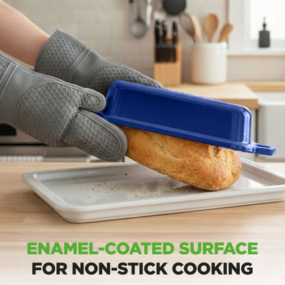 Nutrichef 9” X 5” Enamel-Coated Cast Iron Loaf Pan With Lid And Silicone Gloves Perfect For Baking Stewing And Roasting (Blue) - NCCIELF2BL