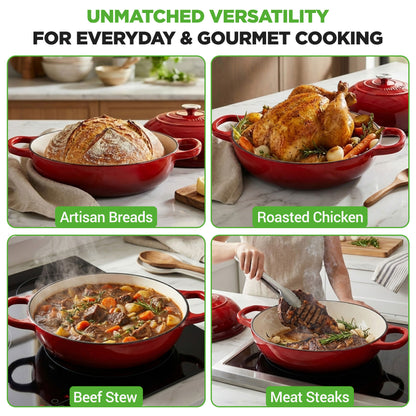 Nutrichef 10.2” Enamel-Coated Cast Iron Dome-Shaped Bread Pan With Lid Handles And Silicone Gloves Perfect For Baking Braising Roasting And Stewing (Red) - NCCIERD6RD