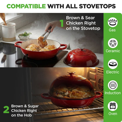Nutrichef 10.2” Enamel-Coated Cast Iron Dome-Shaped Bread Pan With Lid Handles And Silicone Gloves Perfect For Baking Braising Roasting And Stewing (Red) - NCCIERD6RD