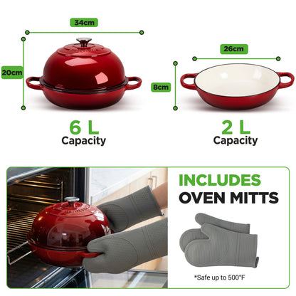 Nutrichef 10.2” Enamel-Coated Cast Iron Dome-Shaped Bread Pan With Lid Handles And Silicone Gloves Perfect For Baking Braising Roasting And Stewing (Red) - NCCIERD6RD