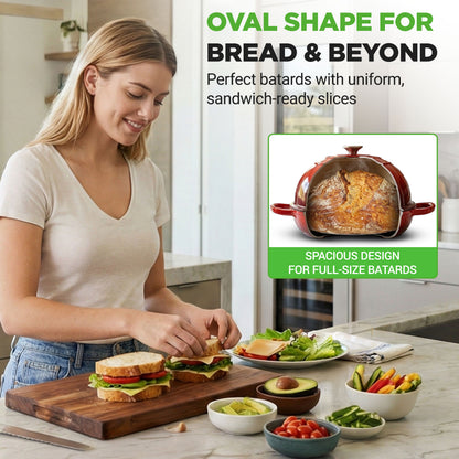 Nutrichef 10.2” Enamel-Coated Cast Iron Dome-Shaped Bread Pan With Lid Handles And Silicone Gloves Perfect For Baking Braising Roasting And Stewing (Red) - NCCIERD6RD