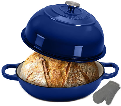Nutrichef 10.2” Enamel-Coated Cast Iron Dome-Shaped Bread Pan With Lid Silicone Gloves Perfect For Baking Braising Roasting And Stewing (Blue) - NCCIERD6BL