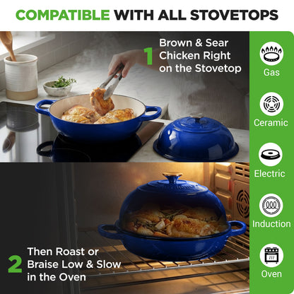 Nutrichef 10.2” Enamel-Coated Cast Iron Dome-Shaped Bread Pan With Lid Silicone Gloves Perfect For Baking Braising Roasting And Stewing (Blue) - NCCIERD6BL