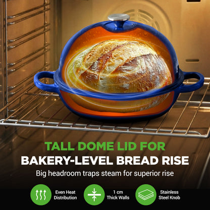 Nutrichef 10.2” Enamel-Coated Cast Iron Dome-Shaped Bread Pan With Lid Silicone Gloves Perfect For Baking Braising Roasting And Stewing (Blue) - NCCIERD6BL