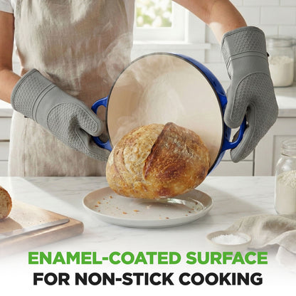 Nutrichef 10.2” Enamel-Coated Cast Iron Dome-Shaped Bread Pan With Lid Silicone Gloves Perfect For Baking Braising Roasting And Stewing (Blue) - NCCIERD6BL