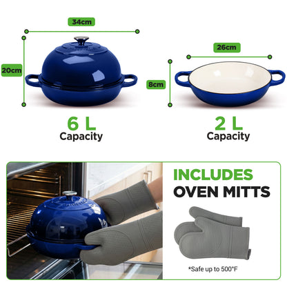 Nutrichef 10.2” Enamel-Coated Cast Iron Dome-Shaped Bread Pan With Lid Silicone Gloves Perfect For Baking Braising Roasting And Stewing (Blue) - NCCIERD6BL