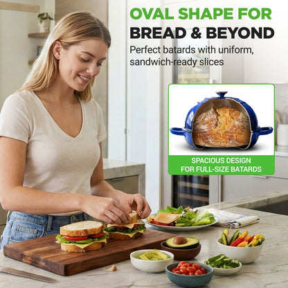 Nutrichef 10.2” Enamel-Coated Cast Iron Dome-Shaped Bread Pan With Lid Silicone Gloves Perfect For Baking Braising Roasting And Stewing (Blue) - NCCIERD6BL