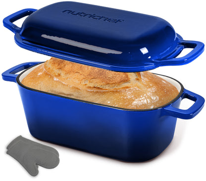Nutrichef 3.6Qt Enamel-Coated Cast Iron Dutch Oven With Lid Silicone Gloves Perfect For Baking Braising Roasting And Stewing (Blue) - NCCIEDO3BL