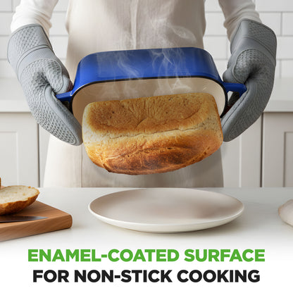 Nutrichef 3.6Qt Enamel-Coated Cast Iron Dutch Oven With Lid Silicone Gloves Perfect For Baking Braising Roasting And Stewing (Blue) - NCCIEDO3BL
