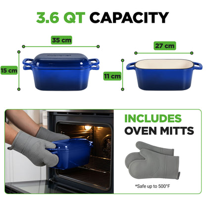 Nutrichef 3.6Qt Enamel-Coated Cast Iron Dutch Oven With Lid Silicone Gloves Perfect For Baking Braising Roasting And Stewing (Blue) - NCCIEDO3BL