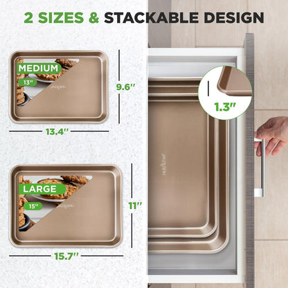 Nonstick Cookie Sheet Baking Pan | 2Pc Large And Medium Metal Oven Baking Tray Sheet Set - Professional Quality Kitchen Cooking Non-Stick Bake Trays W/ Rimmed Borders Guaranteed Not To Warp - Fda Approved.