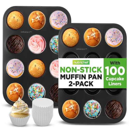 NutriChef 12‑Cup Nonstick Carbon-Steel Muffin Pans – Set of 2 + 100 Parchment Cupcake Liners  NC2TRCP4