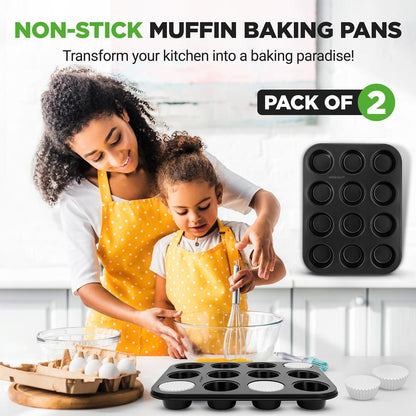 NutriChef 12‑Cup Nonstick Carbon-Steel Muffin Pans – Set of 2 + 100 Parchment Cupcake Liners  NC2TRCP4
