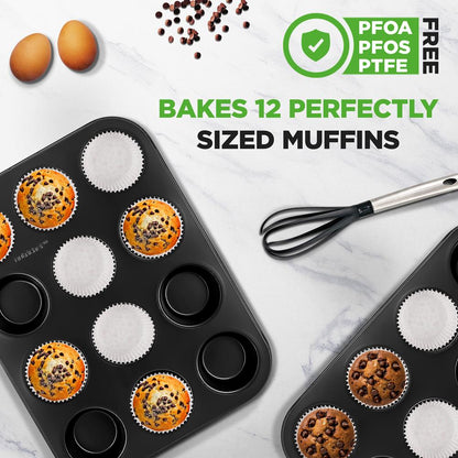 NutriChef 12‑Cup Nonstick Carbon-Steel Muffin Pans – Set of 2 + 100 Parchment Cupcake Liners  NC2TRCP4
