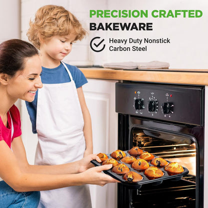 NutriChef 12‑Cup Nonstick Carbon-Steel Muffin Pans – Set of 2 + 100 Parchment Cupcake Liners  NC2TRCP4