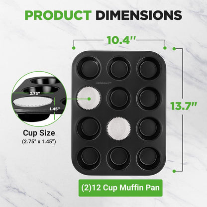 NutriChef 12‑Cup Nonstick Carbon-Steel Muffin Pans – Set of 2 + 100 Parchment Cupcake Liners  NC2TRCP4