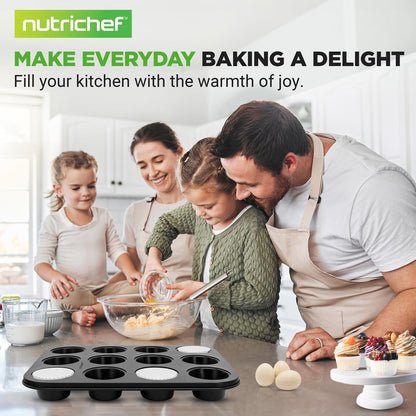 NutriChef 12‑Cup Nonstick Carbon-Steel Muffin Pans – Set of 2 + 100 Parchment Cupcake Liners  NC2TRCP4