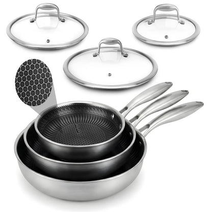 NutriChef 6‑Piece Tri‑Ply Stainless Steel Fry Pan Set with Lids — Nonstick, Scratch-Resistant, Even-Heat NC3PFRY3