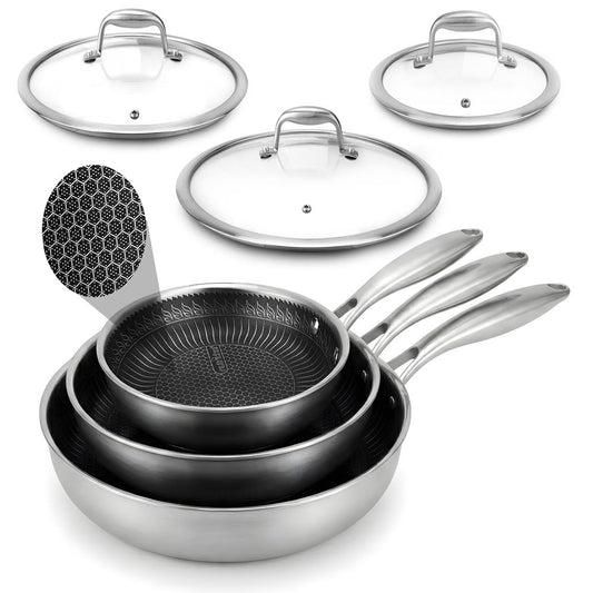 NutriChef 6‑Piece Tri‑Ply Stainless Steel Fry Pan Set with Lids — Nonstick, Scratch-Resistant, Even-Heat NC3PFRY3