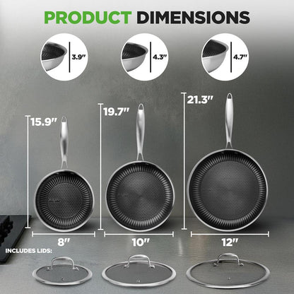 NutriChef 6‑Piece Tri‑Ply Stainless Steel Fry Pan Set with Lids — Nonstick, Scratch-Resistant, Even-Heat NC3PFRY3