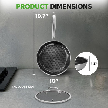 NutriChef 10" Nonstick Tri‑Ply Stainless Steel Fry Pan with Lid — Scratch‑Resistant, Even‑Heat NC3PL10