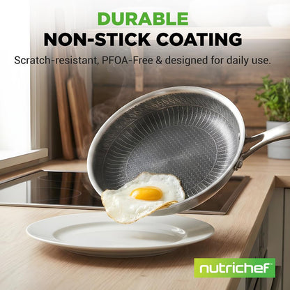 NutriChef 10" Nonstick Tri‑Ply Stainless Steel Fry Pan with Lid — Scratch‑Resistant, Even‑Heat NC3PL10