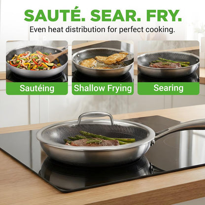 NutriChef 10" Nonstick Tri‑Ply Stainless Steel Fry Pan with Lid — Scratch‑Resistant, Even‑Heat NC3PL10