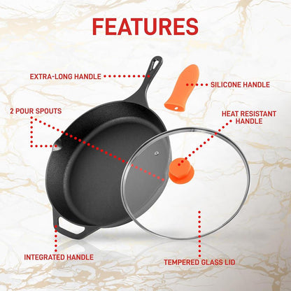 NutriChef Pre-Seasoned Cast Iron Skillet with Lid - Silicone Handle & Helper Handle 10″/12″ 
 NCCI12