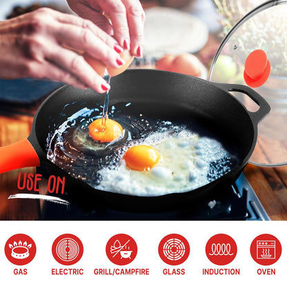 NutriChef Pre-Seasoned Cast Iron Skillet with Lid - Silicone Handle & Helper Handle 10″/12″ 
 NCCI12