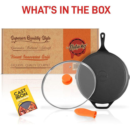 NutriChef Pre-Seasoned Cast Iron Skillet with Lid - Silicone Handle & Helper Handle 10″/12″ 
 NCCI12