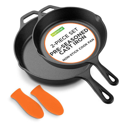 NutriChef 2‑Piece Nonstick Pre‑Seasoned Cast Iron Skillet Set – 10″ & 12″ with Silicone Handle & Helper Handle NCCI2PCS