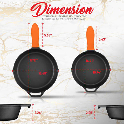 NutriChef 2‑Piece Nonstick Pre‑Seasoned Cast Iron Skillet Set – 10″ & 12″ with Silicone Handle & Helper Handle NCCI2PCS