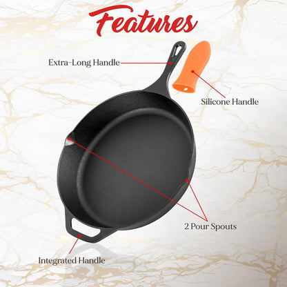NutriChef 2‑Piece Nonstick Pre‑Seasoned Cast Iron Skillet Set – 10″ & 12″ with Silicone Handle & Helper Handle NCCI2PCS
