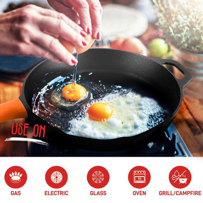 NutriChef 2‑Piece Nonstick Pre‑Seasoned Cast Iron Skillet Set – 10″ & 12″ with Silicone Handle & Helper Handle NCCI2PCS