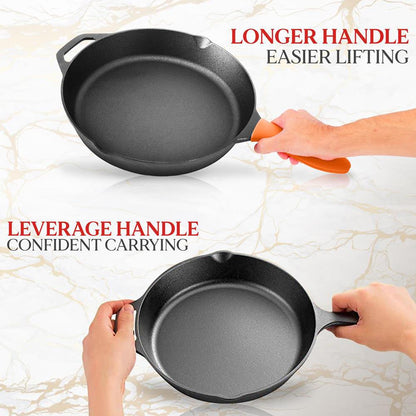 NutriChef 2‑Piece Nonstick Pre‑Seasoned Cast Iron Skillet Set – 10″ & 12″ with Silicone Handle & Helper Handle NCCI2PCS