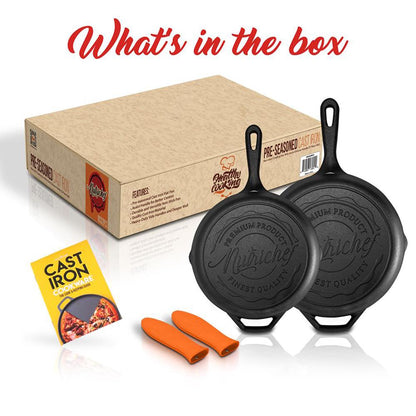 NutriChef 2‑Piece Nonstick Pre‑Seasoned Cast Iron Skillet Set – 10″ & 12″ with Silicone Handle & Helper Handle NCCI2PCS