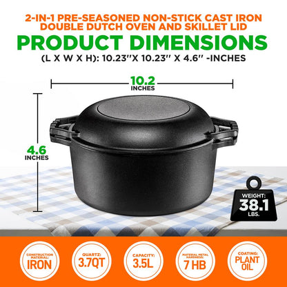 NutriChef 2‑in‑1 Cast Iron Dutch Oven with Skillet Lid – Pre-Seasoned Nonstick NCCI2PT8