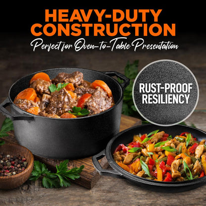 NutriChef 2‑in‑1 Cast Iron Dutch Oven with Skillet Lid – Pre-Seasoned Nonstick NCCI2PT8